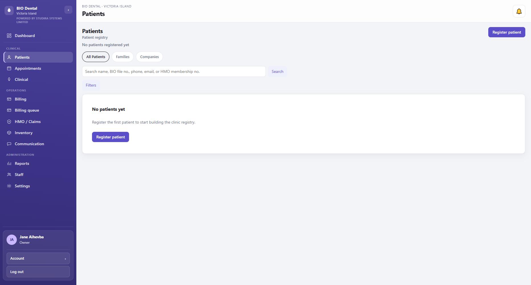Healthcare management platform patient registration screen