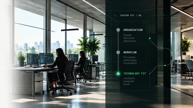 Workplace environment with a system diagram linking organisation, workflow and technology fit
